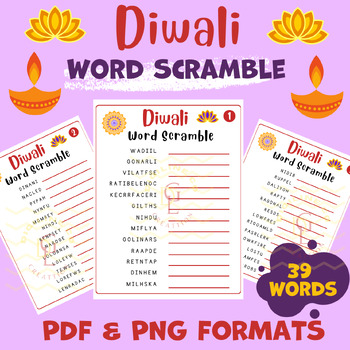 Preview of Diwali Word scramble Puzzle Crossword word searches activities middle school 7th