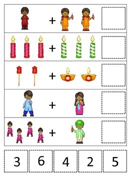 Diwali themed Math Addition preschool learning activity. Daycare curriculum.
