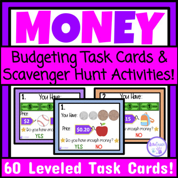 Preview of Do I Have Enough Money Budgeting Task Cards Write the Room Math Scavenger Hunts