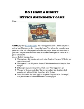 Preview of Do I have a right? icivics game assignment - law and/or government - amendments