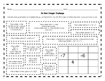 Preview of Do Now - Integer Challenge