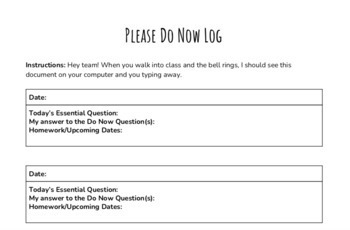 Preview of Do Now Log - Class Starter Template
