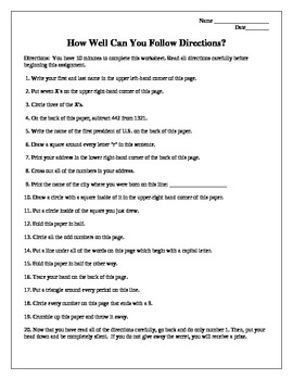 Do You Follow Directions? worksheet by Heather Kaczmarek | TpT