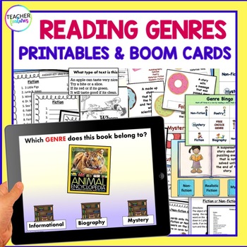 Preview of READING GENRES ACTIVITIES Sorts Matching Games PRINTABLES + BOOM CARDS Bundle