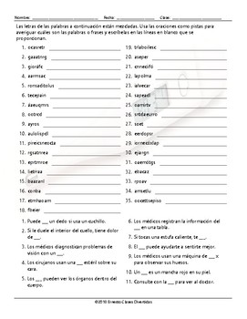 Doctor's, Illnesses, and Injuries Jumbled Words Spanish Worksheet