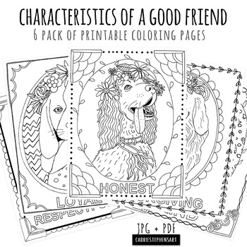Dog Coloring Page Bundle Traits Of A Friend Characteristics Printable