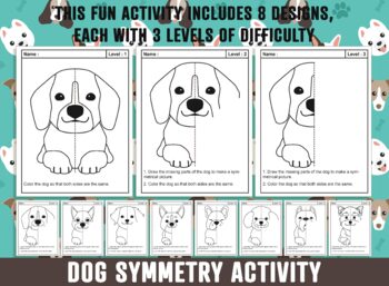 Preview of Dog Symmetry Worksheet, Puppy Theme Lines of Symmetry Activity, Art and Math