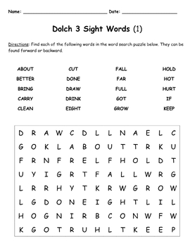 Preview of Dolch 3 Sight Words Printable Word Search Puzzle Activity