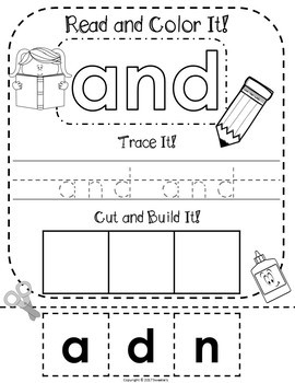 Dolch Pre-Kindergarten Read Trace and Build a Word Worksheets by Sweetie's