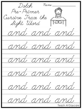 Dolch Pre-Primer Cursive Trace the Word Printable Worksheets. PreK-2nd ...