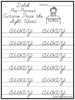 Dolch Pre-Primer Cursive Trace the Word Printable Worksheets. PreK-2nd ...