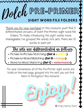 Preview of Dolch Pre-Primer Sight Word Differentiated File Folders