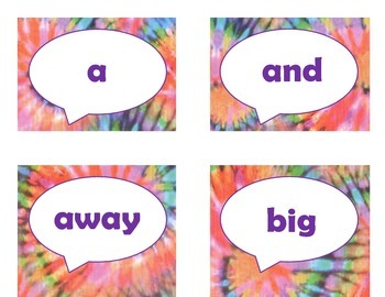 Dolch Pre-Primer Sight Word Flash Cards (Tie Dye with Purple Lettering)