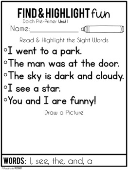 Dolch Pre-Primer Sight Word Unit - Activities, Literacy Centers, Worksheets