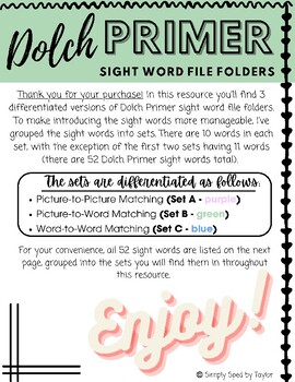 Preview of Dolch Primer Sight Word Differentiated File Folders