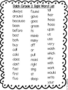 Dolch Second Grade Sight Word Lists by Miss Cobblestone's Resources