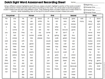 dolch sight words assessment pdf