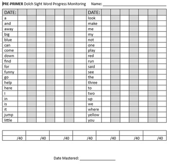 Preview of Dolch Sight Word Assessment Sheets (Pre-Primer, Primer, 1st and 2nd Grade Lists)