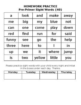 sight word homework sheet