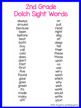 list of kindergarten sight words