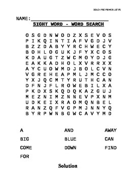 Preview of Dolch Sight Word List Pre-Primer Word Searches