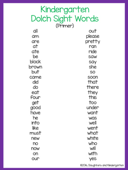 kindergarten sight word list pre primer
