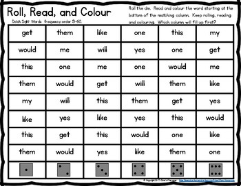 Dolch Sight Word Practice - Roll, Read, and Colour Activity Sheets