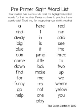 Dolch Sight Words Pre-Primer by The Green Garten | TpT