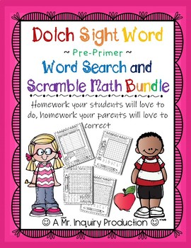 Preview of Dolch Sight Word Pre-Primer Word Search and Math Scramble