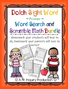 Preview of Dolch Sight Word Primer Word Search and Math Scramble