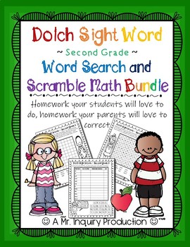Preview of Dolch Sight Word Second Grade Word Search and Math Scramble