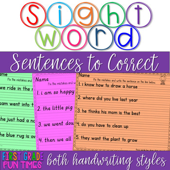 Preview of Sight Words Sentences to Correct