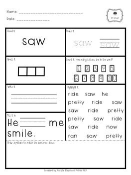 560 pages dolch sight word worksheets by purple elephant