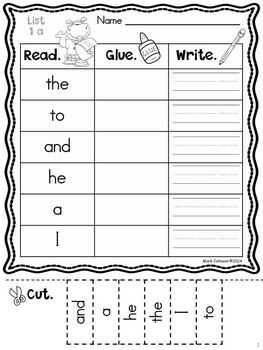 dolch sight word worksheets read cut glue and write