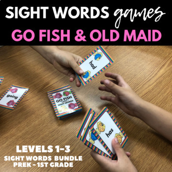 Preview of Dolch Sight Words Games - Go Fish & Old Maid Bundle - Levels 1 to 3 Pre K - 1st
