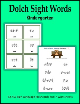 Preview of Dolch Sight Words (Kindergarten) - ASL Sign Language Flashcards and Worksheets