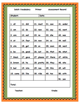 kindergarten dolch sight word list assessment