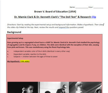 Preview of Doll Test; Dr. Clarks & Brown vs Board; Implicit Bias; 14th Amend (eLearn adapt)
