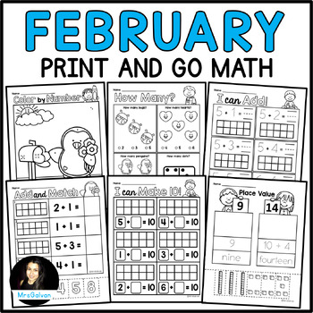 Preview of DOLLAR Deal February Print and Go Math Worksheets Counting Addition Ten Frames