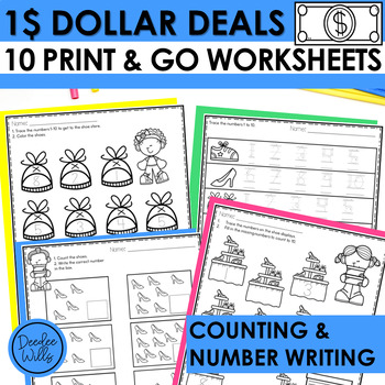 Preview of Dollar Deal Numbers 1 to 10 Worksheets w Counting Writing Tracing Numbers to 10