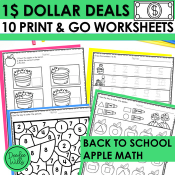 Preview of Dollar Deal Worksheets Back to School Apple Math Skills w Counting & Shapes