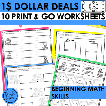 Preview of Dollar Deal Worksheets Back to School Math Skill Worksheets for Kindergarten