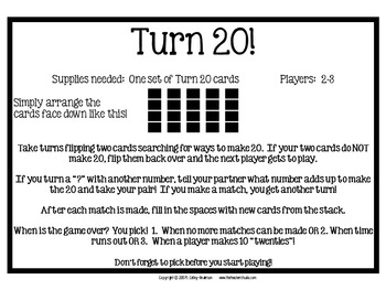 Combinations to 20: Dollar Deals Memory Game: Turn Twenty