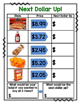 Dollar Up Worksheet, Grocery Items Under $10, Money Math