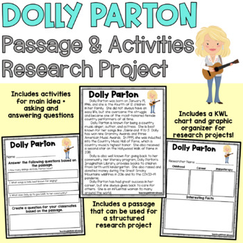 Preview of Dolly Parton Passage and Activities Research Project WOMEN'S HISTORY MONTH