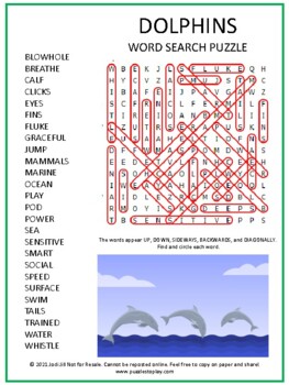 Dolphin Word Search Puzzle - No Prep Science Game Printable PDF