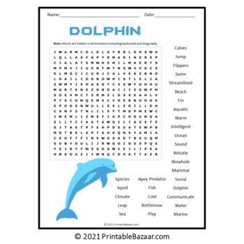 Dolphin Word Search Puzzle - No Prep Science Game Printable PDF