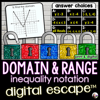 Preview of Domain and Range Digital Math Escape Room {INEQUALITY NOTATION} Activity