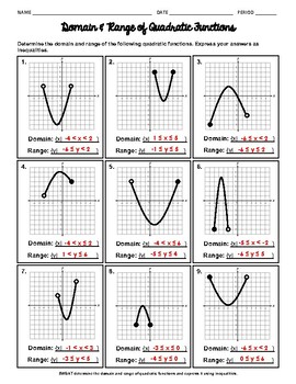 Preview of Domain and Range of Quadratic Functions / Equations Worksheet