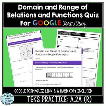Preview of Domain and Range of Relations and Functions Quiz for Google Form/Quiz